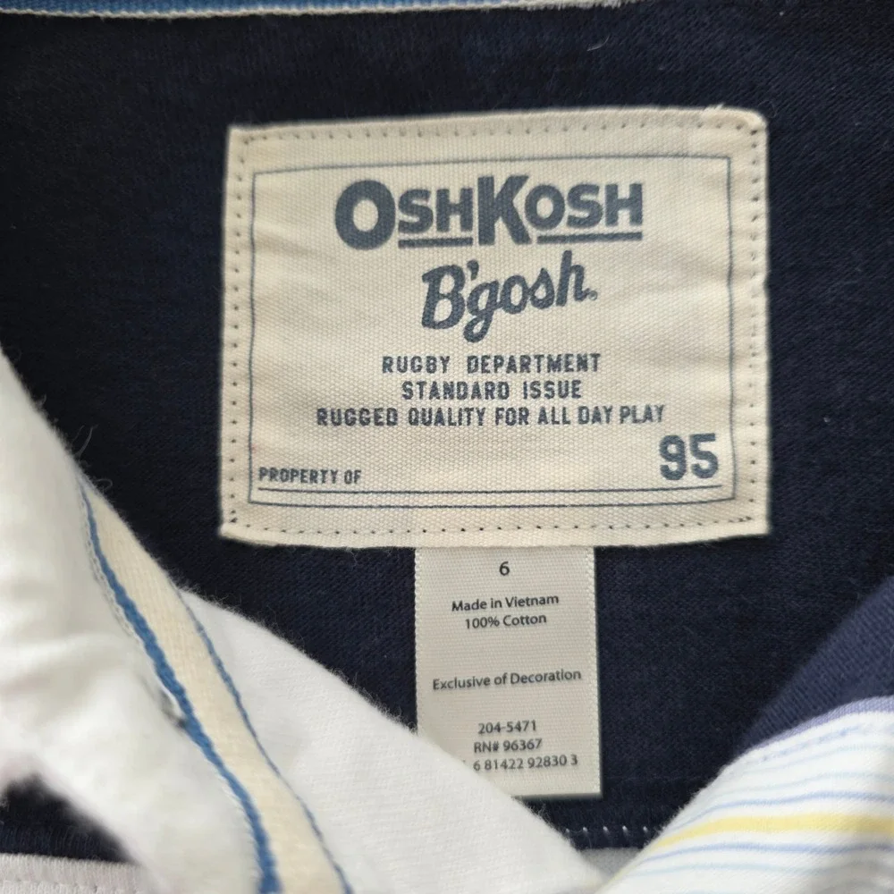 OshKosh Bgosh Boys Navy Blue White Striped Rugby Polo Shirt Size 6 Short Sleeve